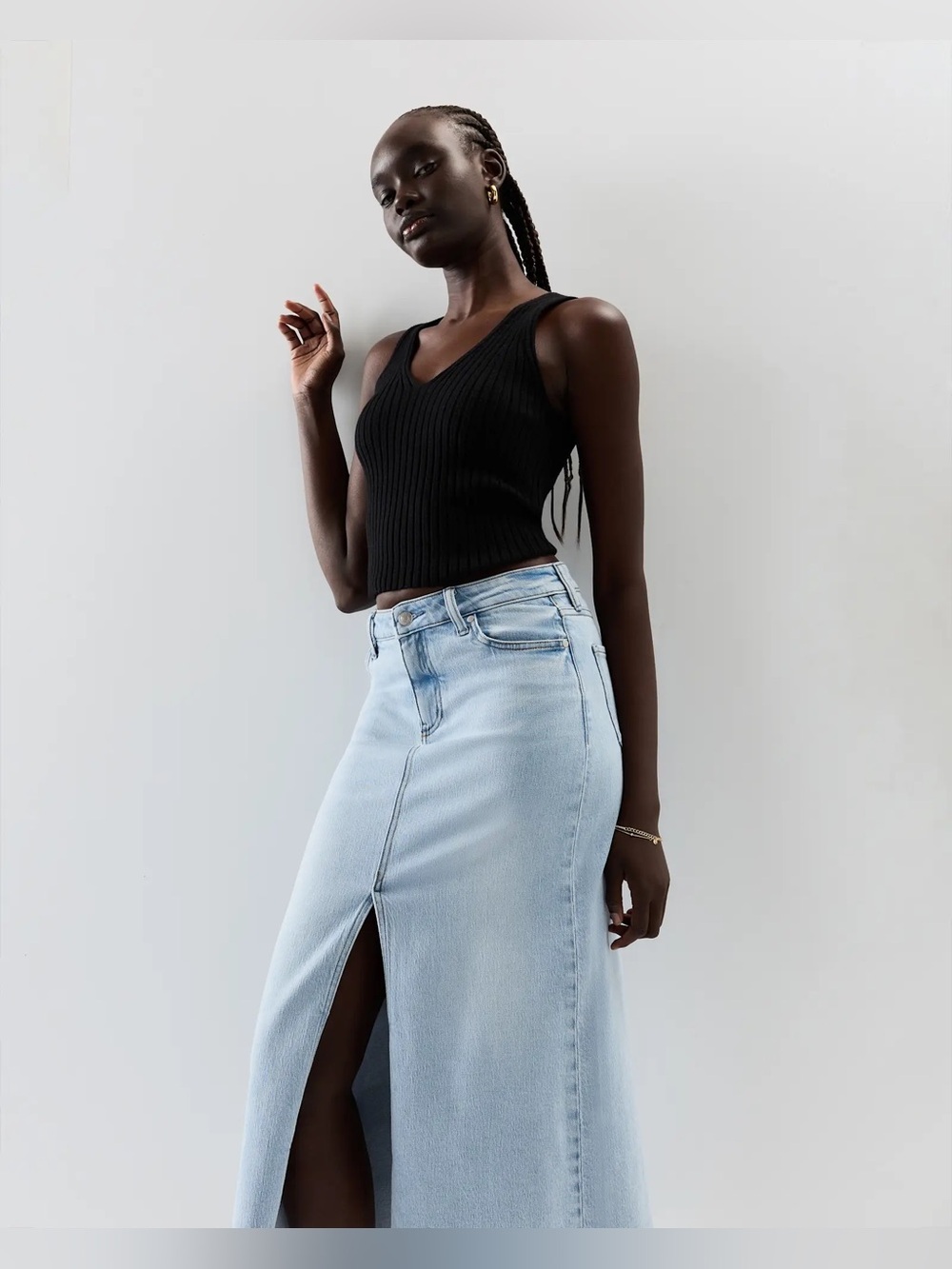 Quince Denim 5-Pocket Midi Skirt Cool Blue Size 28 NWT Organic Cotton Stretchy